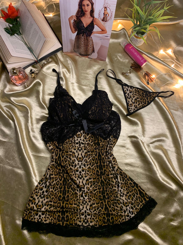 Leopard Print Lace Nightdress & Panties Set